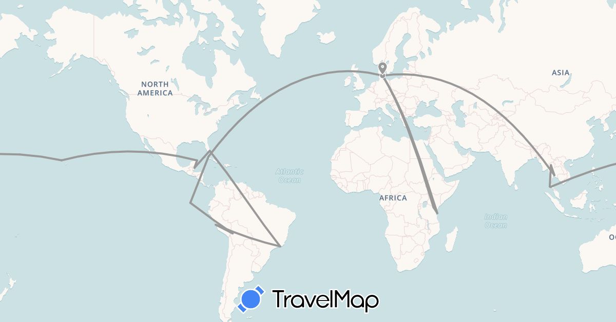 TravelMap itinerary: driving, plane in Bolivia, Brazil, Belize, Cuba, Denmark, Ecuador, Mexico, Peru, Thailand, Tanzania, United States (Africa, Asia, Europe, North America, South America)